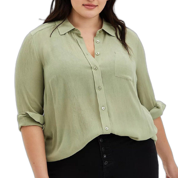 TORRID Blouse, 4/4X, Light Green crinkle, Long sleeves, Pocket, Button Front - Picture 13 of 13